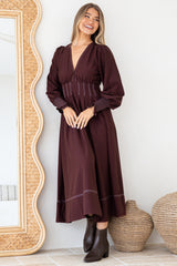 Karey Midi Dress - Fit and Flare Contrasr Stitching Dress in Wine