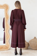 Karey Midi Dress - Fit and Flare Contrasr Stitching Dress in Wine