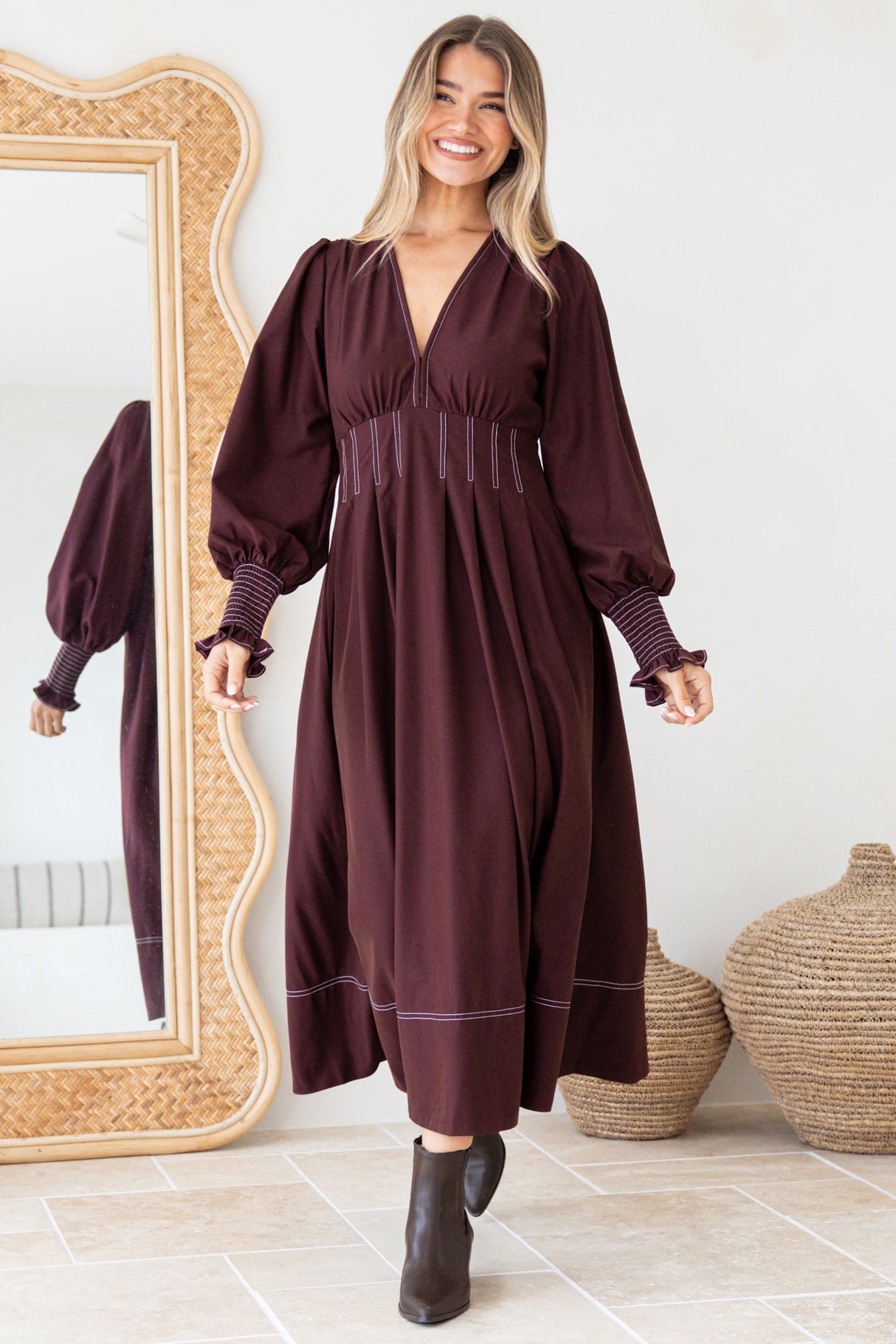 Karey Midi Dress - Fit and Flare Contrasr Stitching Dress in Wine