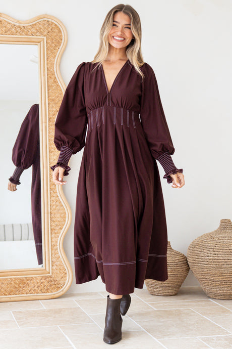 Karey Midi Dress - Fit and Flare Contrasr Stitching Dress in Wine