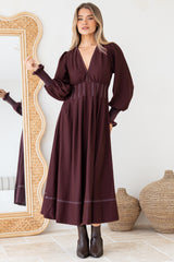 Karey Midi Dress - Fit and Flare Contrasr Stitching Dress in Wine