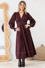 Karey Midi Dress - Fit and Flare Contrasr Stitching Dress in Wine