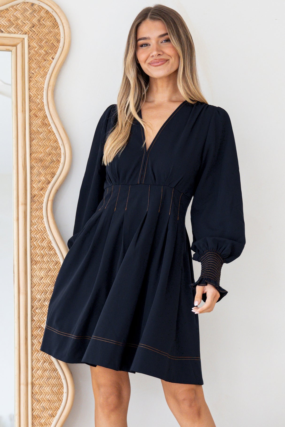 Karey Mini Dress - Fit and Flare Contrasr Stitching Dress in Dark Denim