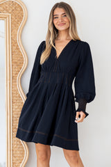 Karey Mini Dress - Fit and Flare Contrasr Stitching Dress in Dark Denim