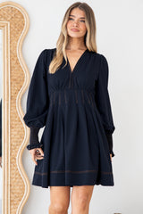 Karey Mini Dress - Fit and Flare Contrasr Stitching Dress in Dark Denim