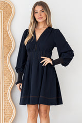 Karey Mini Dress - Fit and Flare Contrasr Stitching Dress in Dark Denim