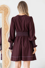 Karey Mini Dress - Fit and Flare Contrasr Stitching Dress in Wine