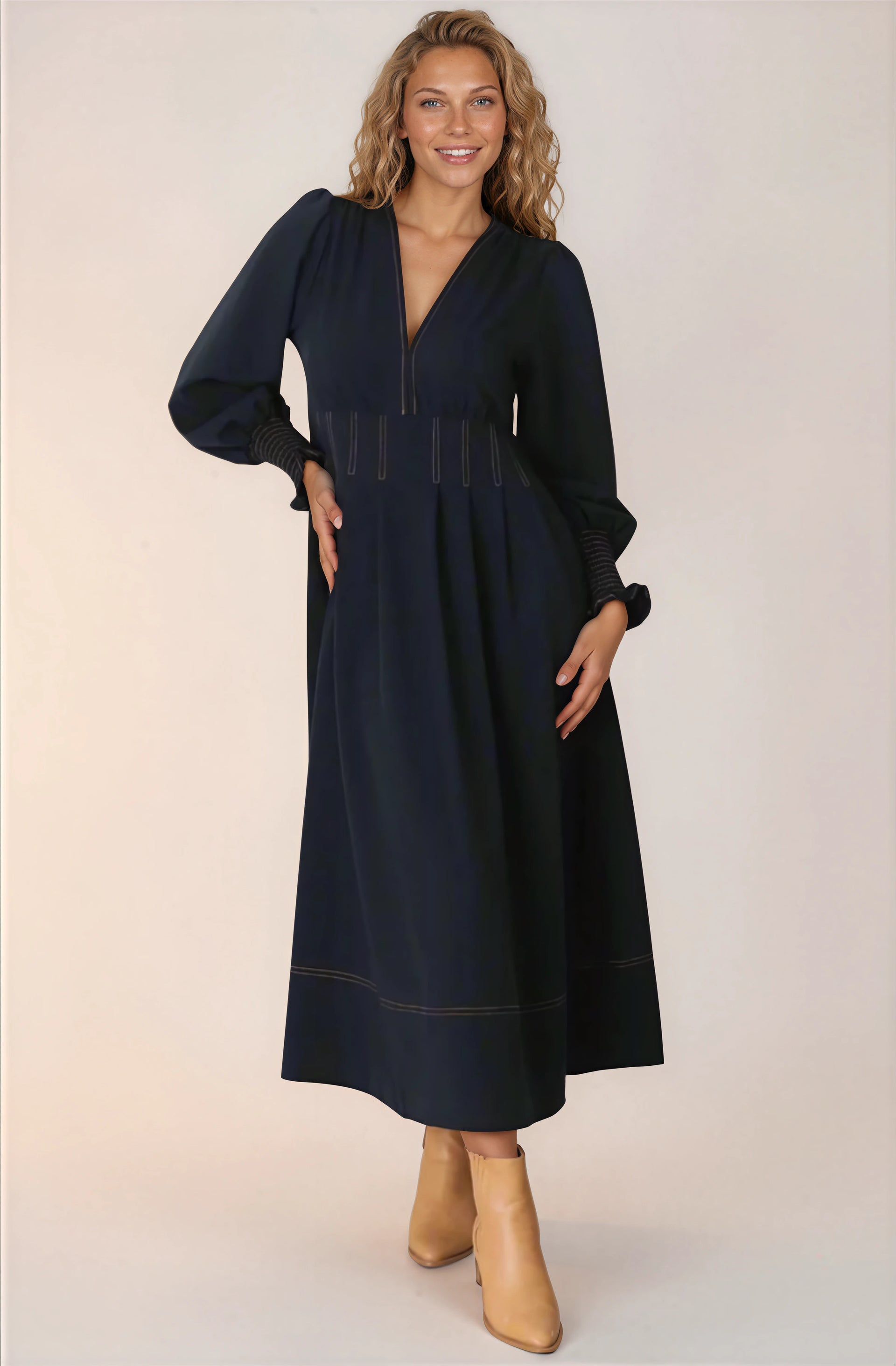 Karey Midi Dress Fit Flare Contrast Stitching Dress Dark Denim