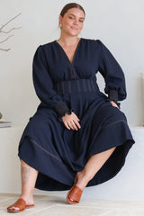 Karey Midi Dress - Dark Denim Fit and Flare Contrast Stitching Midi Dress