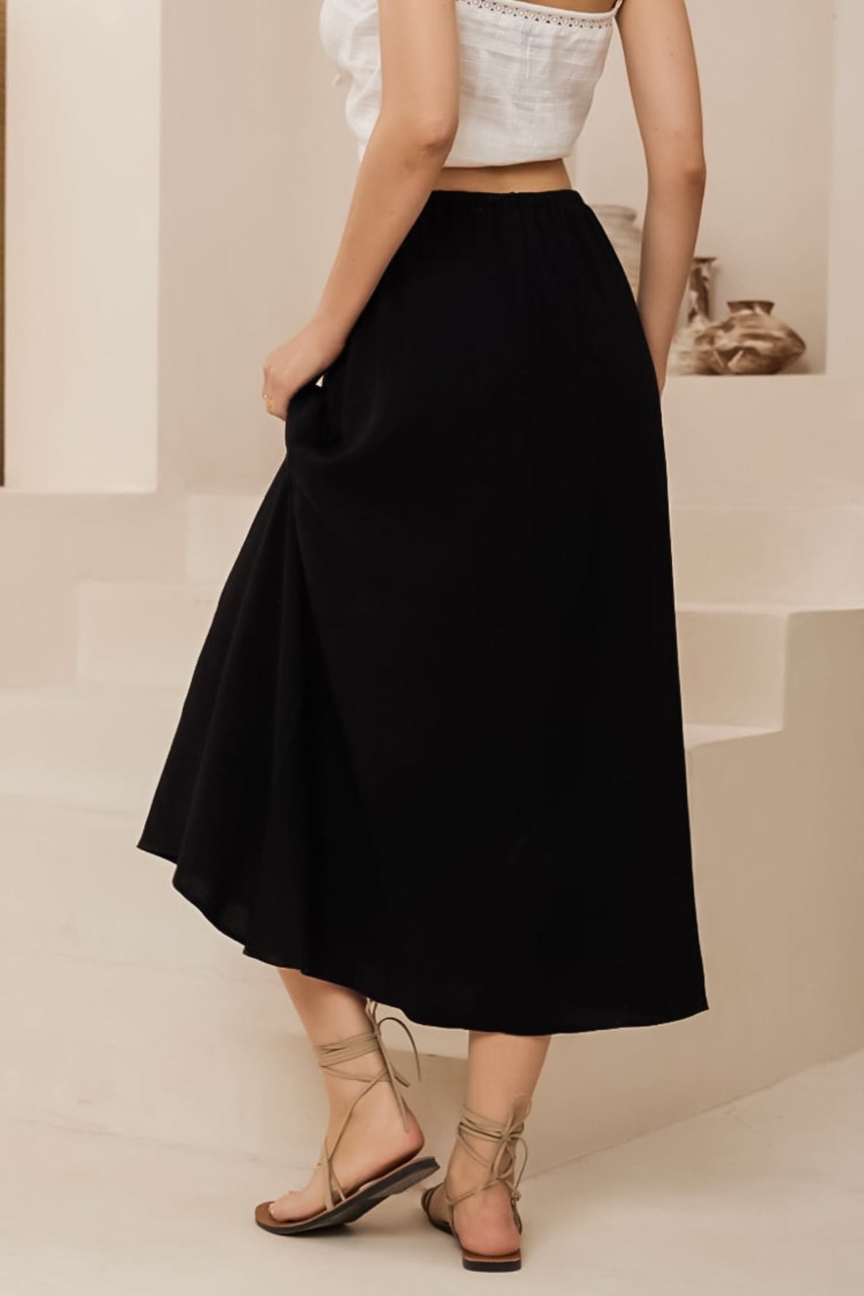 Karie Midi Skirt - High Elasticated Waist A-Line Linen Skirt in Black