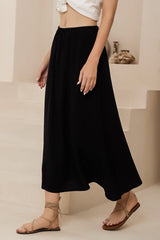 Karie Midi Skirt - High Elasticated Waist A-Line Linen Skirt in Black