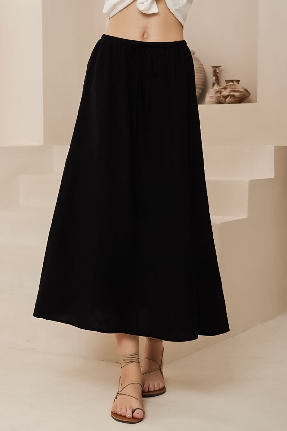 Karie Midi Skirt - High Elasticated Waist A-Line Linen Skirt in Black