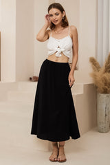 Karie Midi Skirt - High Elasticated Waist A-Line Linen Skirt in Black