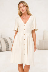 Karin Mini Dress - V Neck Flutter Sleeve Mini with Decorative Front Button Placket in Beige
