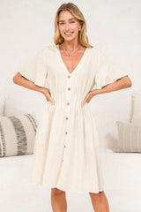 Karin Mini Dress - V Neck Flutter Sleeve Mini with Decorative Front Button Placket in Beige