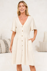 Karin Mini Dress - V Neck Flutter Sleeve Mini with Decorative Front Button Placket in Beige
