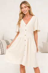 Karin Mini Dress - V Neck Flutter Sleeve Mini with Decorative Front Button Placket in Beige