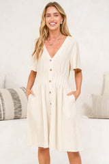 Karin Mini Dress - V Neck Flutter Sleeve Mini with Decorative Front Button Placket in Beige