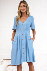 Karin Mini Dress - V Neck Flutter Sleeve Mini with Decorative Front Button Placket in Blue