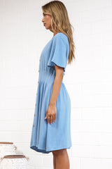 Karin Mini Dress - V Neck Flutter Sleeve Mini with Decorative Front Button Placket in Blue