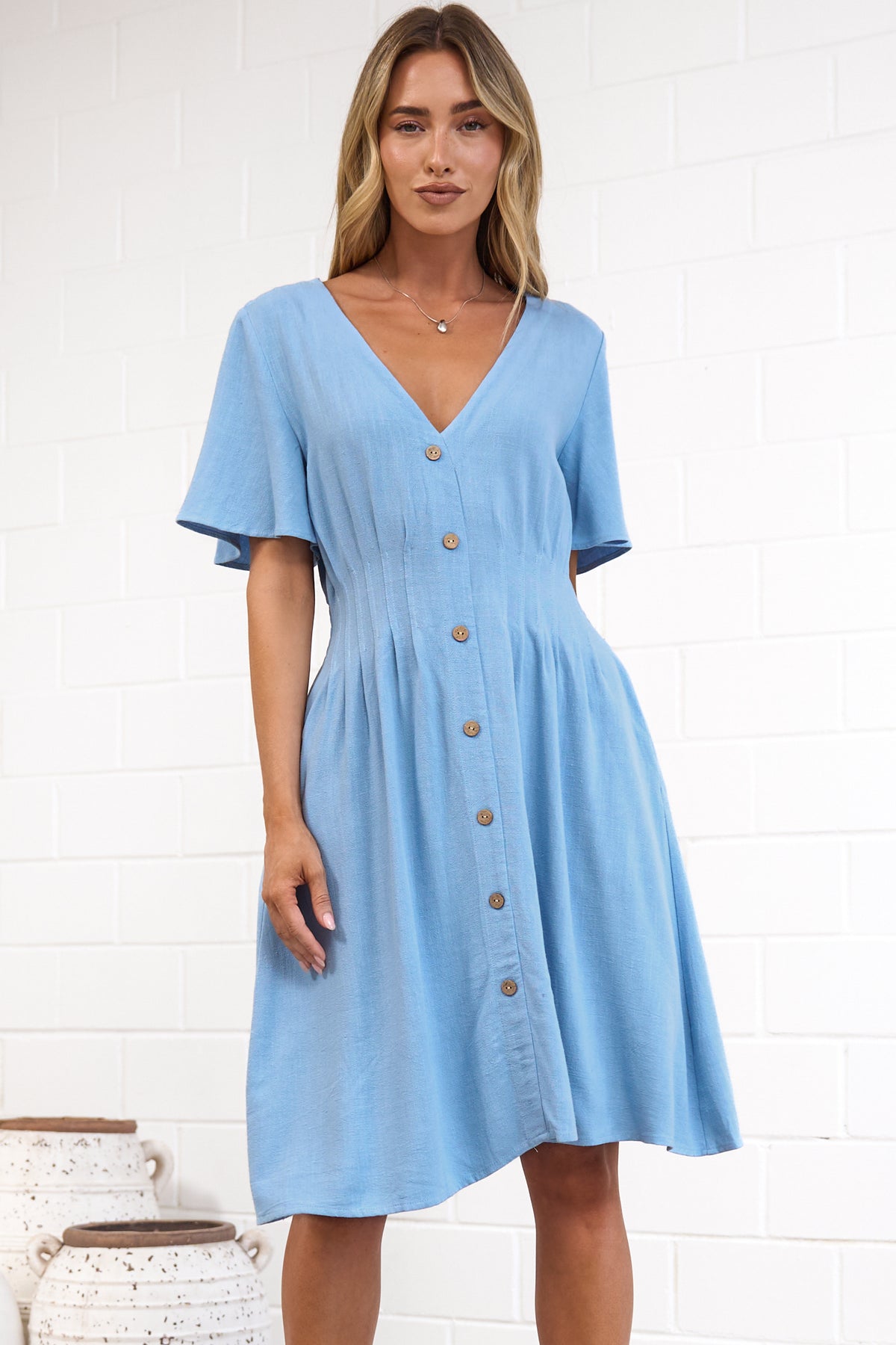 Karin Mini Dress - V Neck Flutter Sleeve Mini with Decorative Front Button Placket in Blue