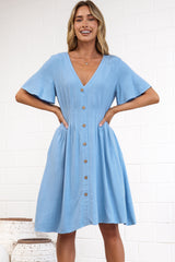 Karin Mini Dress - V Neck Flutter Sleeve Mini with Decorative Front Button Placket in Blue