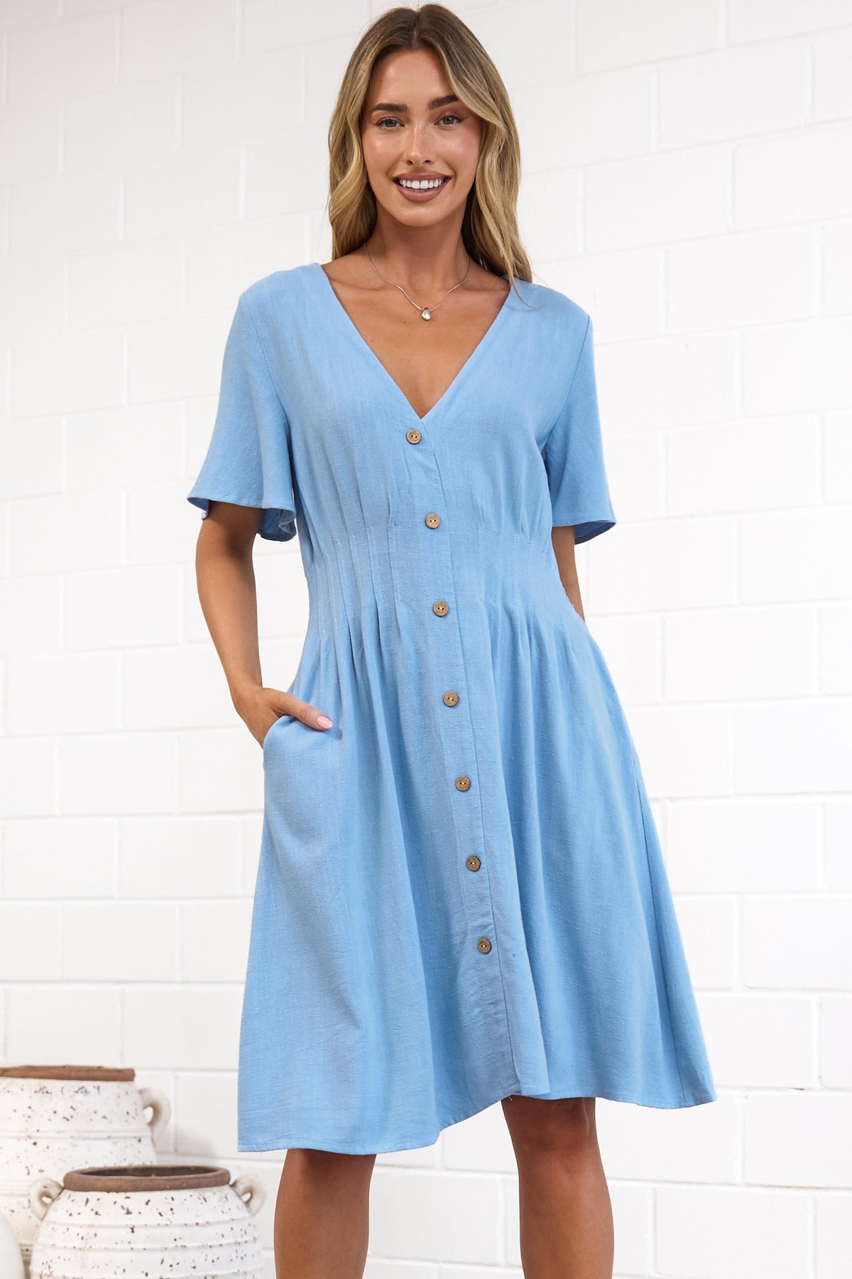 Karin Mini Dress - V Neck Flutter Sleeve Mini with Decorative Front Button Placket in Blue