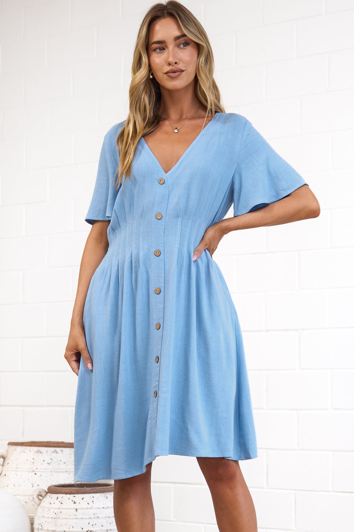 Karin Mini Dress - V Neck Flutter Sleeve Mini with Decorative Front Button Placket in Blue