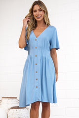 Karin Mini Dress - V Neck Flutter Sleeve Mini with Decorative Front Button Placket in Blue