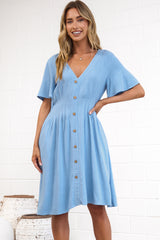 Karin Mini Dress - V Neck Flutter Sleeve Mini with Decorative Front Button Placket in Blue