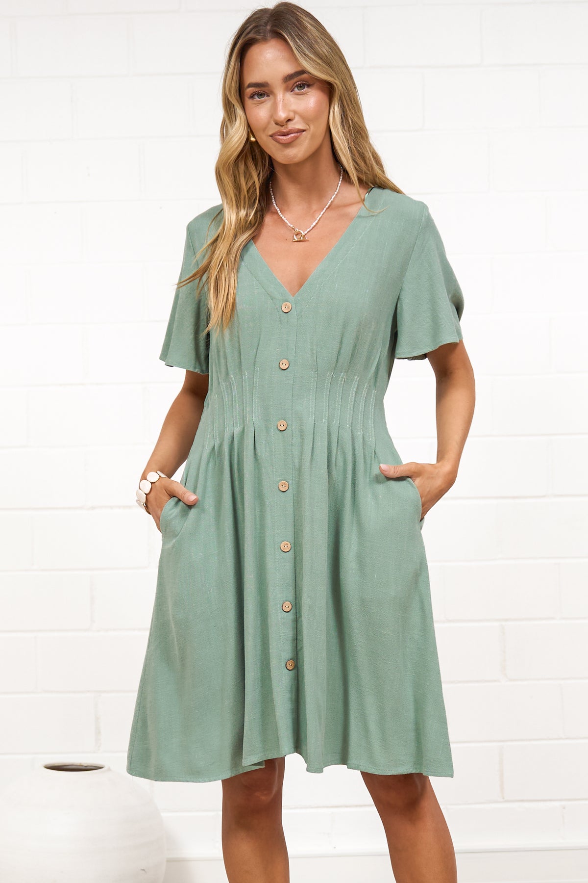 Karin Mini Dress - V Neck Flutter Sleeve Mini with Decorative Front Button Placket in Sage