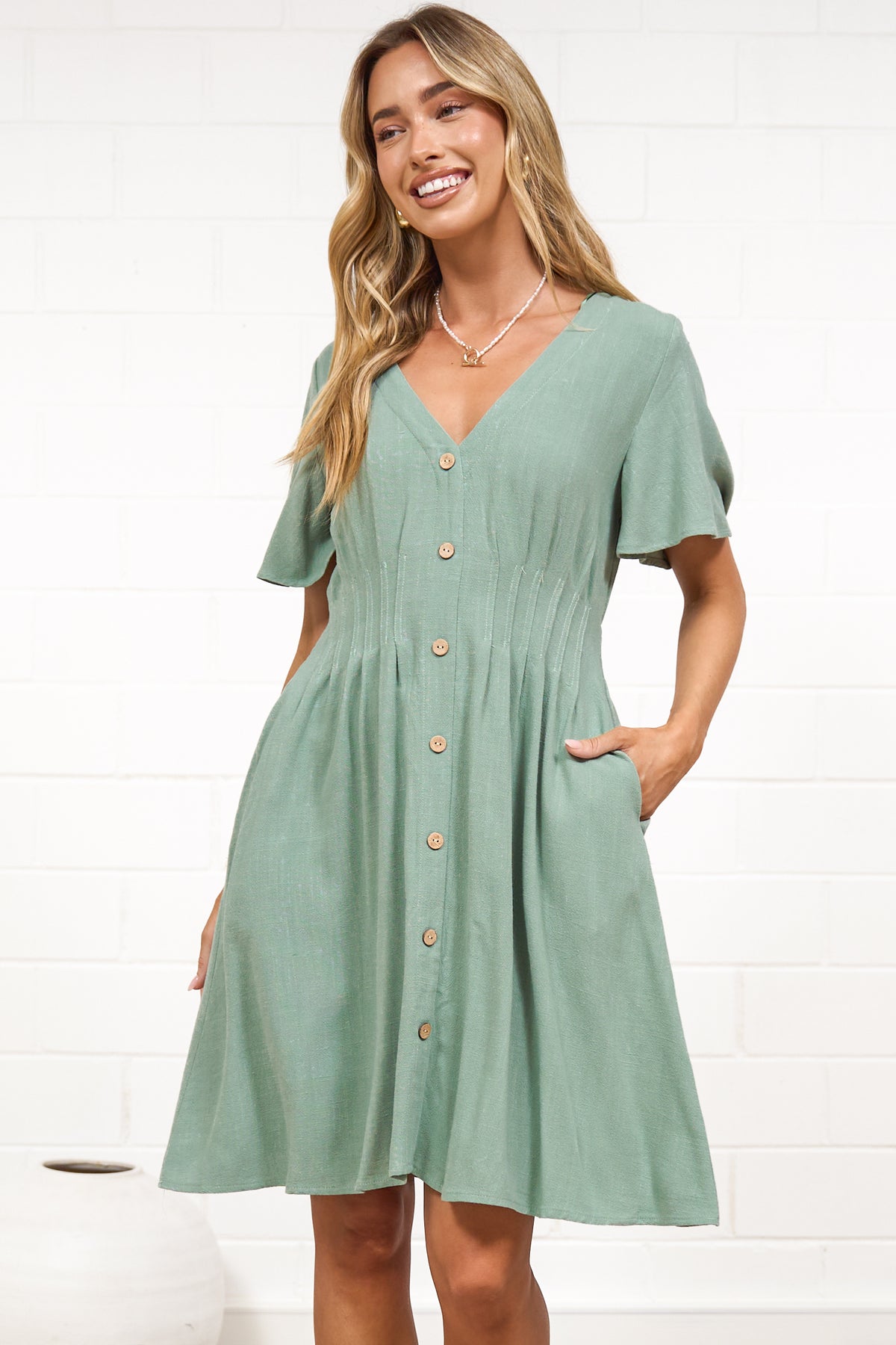 Karin Mini Dress - V Neck Flutter Sleeve Mini with Decorative Front Button Placket in Sage