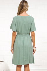 Karin Mini Dress - V Neck Flutter Sleeve Mini with Decorative Front Button Placket in Sage