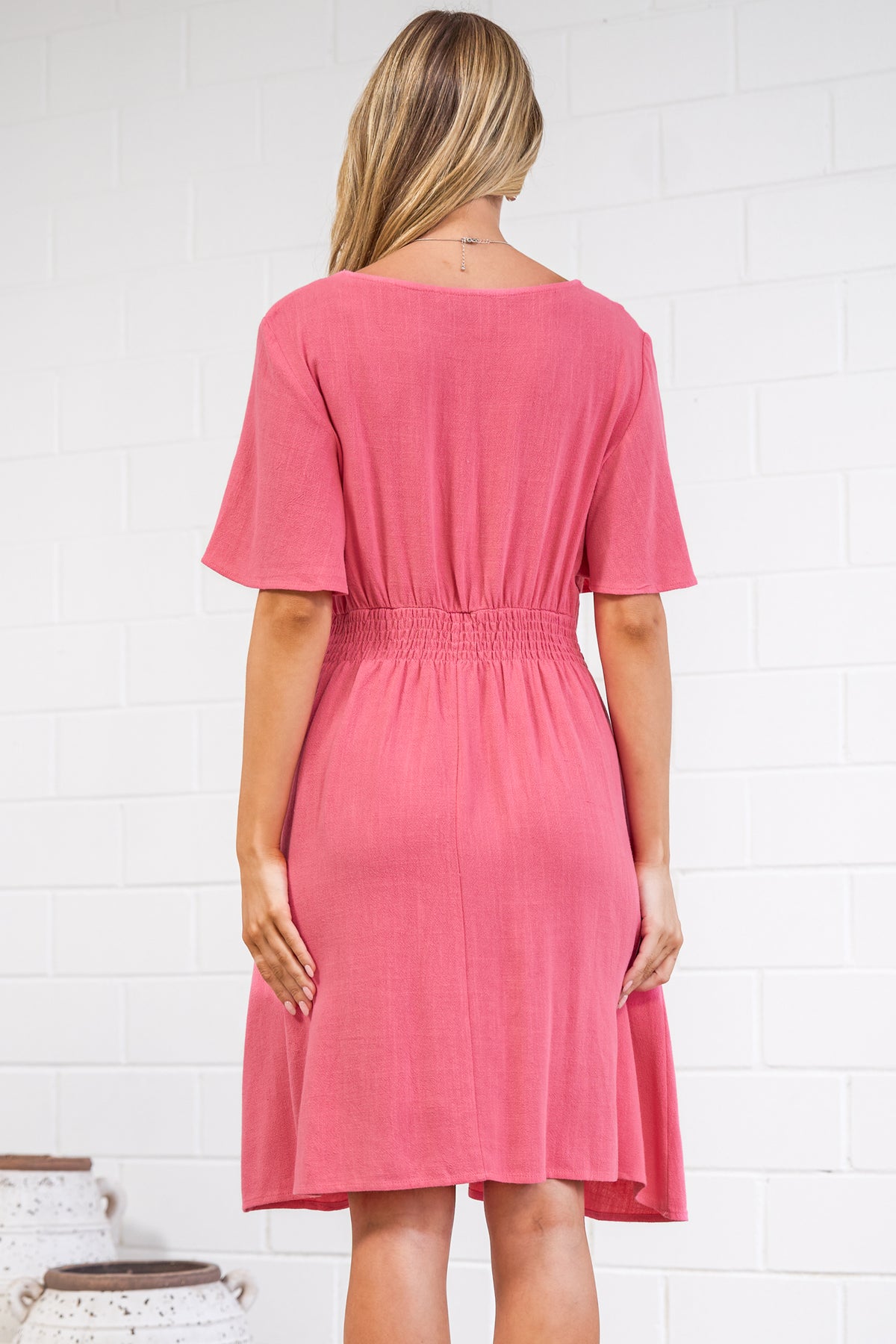 Karin Mini Dress - V Neck Flutter Sleeve Mini with Decorative Front Button Placket in Pink