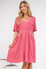 Karin Mini Dress - V Neck Flutter Sleeve Mini with Decorative Front Button Placket in Pink