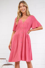 Karin Mini Dress - V Neck Flutter Sleeve Mini with Decorative Front Button Placket in Pink