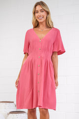 Karin Mini Dress - V Neck Flutter Sleeve Mini with Decorative Front Button Placket in Pink