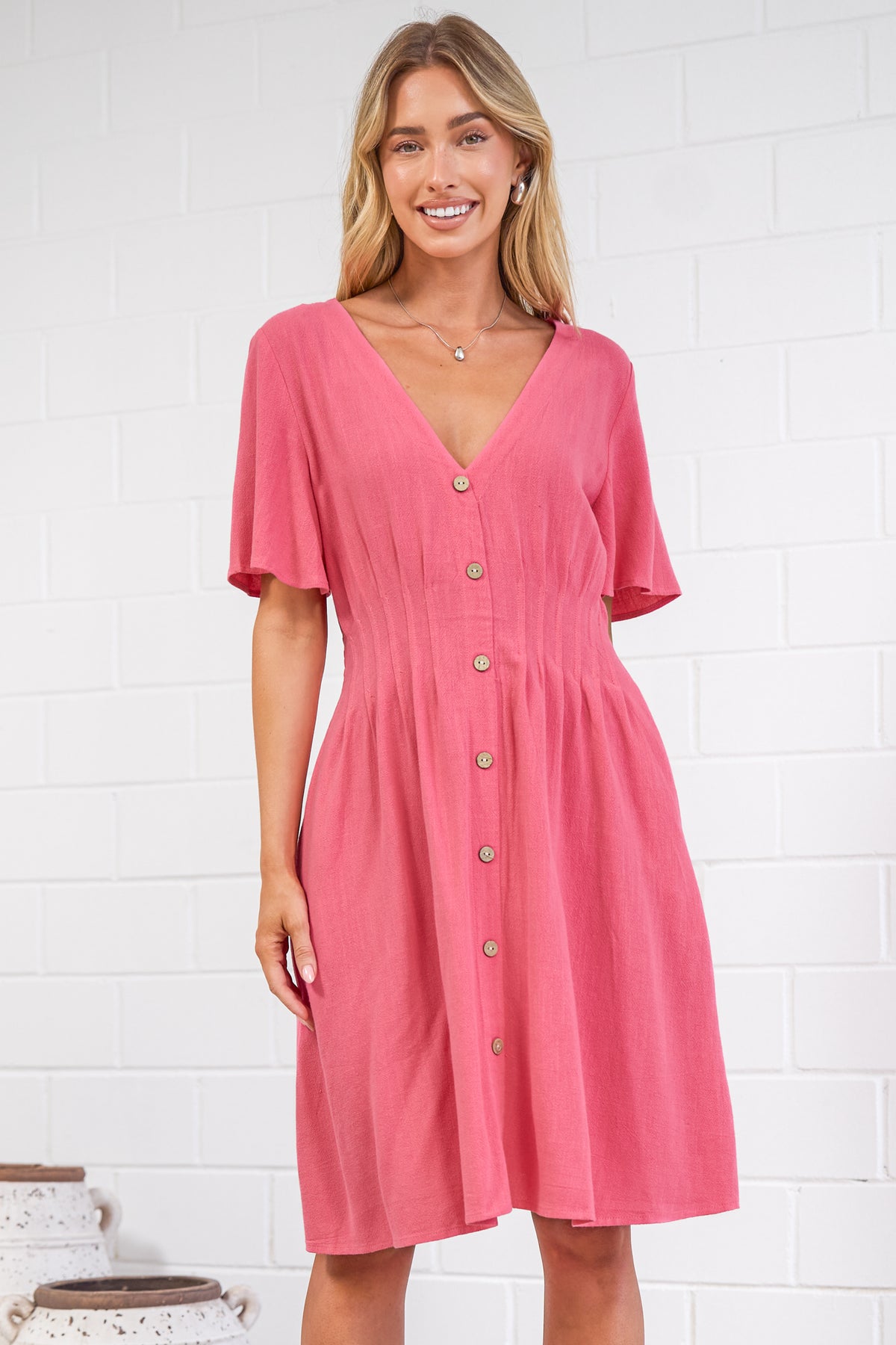 Karin Mini Dress - V Neck Flutter Sleeve Mini with Decorative Front Button Placket in Pink