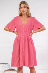 Karin Mini Dress - V Neck Flutter Sleeve Mini with Decorative Front Button Placket in Pink