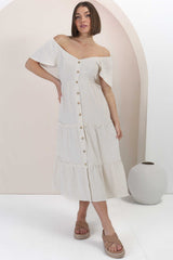 Karina Midi Dress - Button Down Cap Sleeve Tiered Dress in Cream