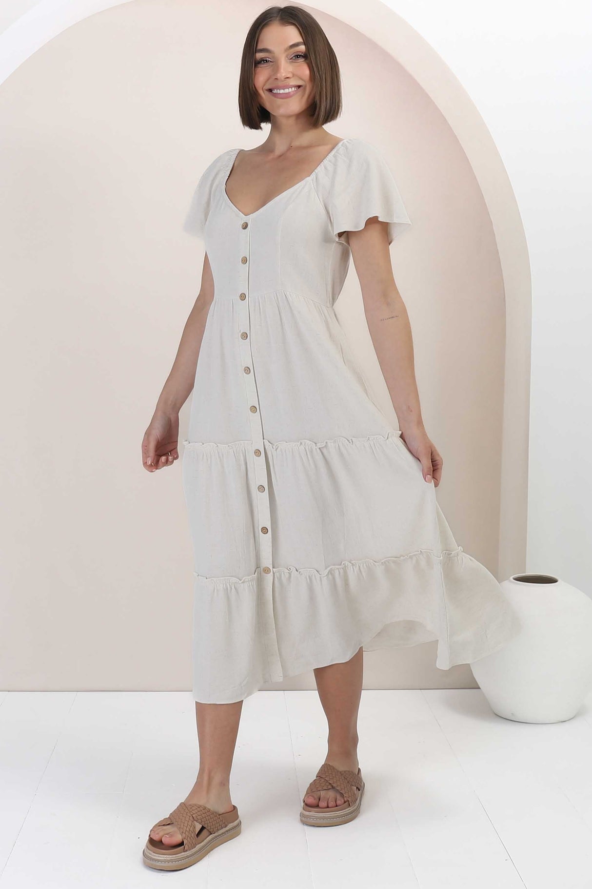 Karina Midi Dress - Button Down Cap Sleeve Tiered Dress in Cream