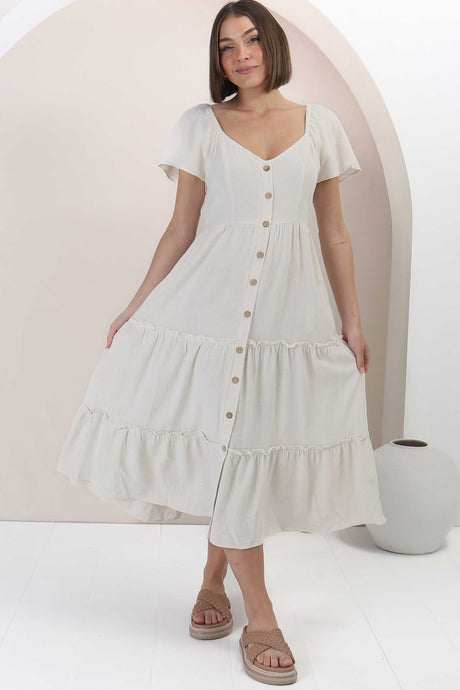 Karina Midi Dress - Button Down Cap Sleeve Tiered Dress in Cream