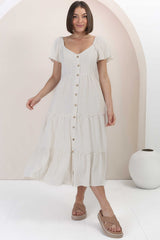 Karina Midi Dress - Button Down Cap Sleeve Tiered Dress in Cream