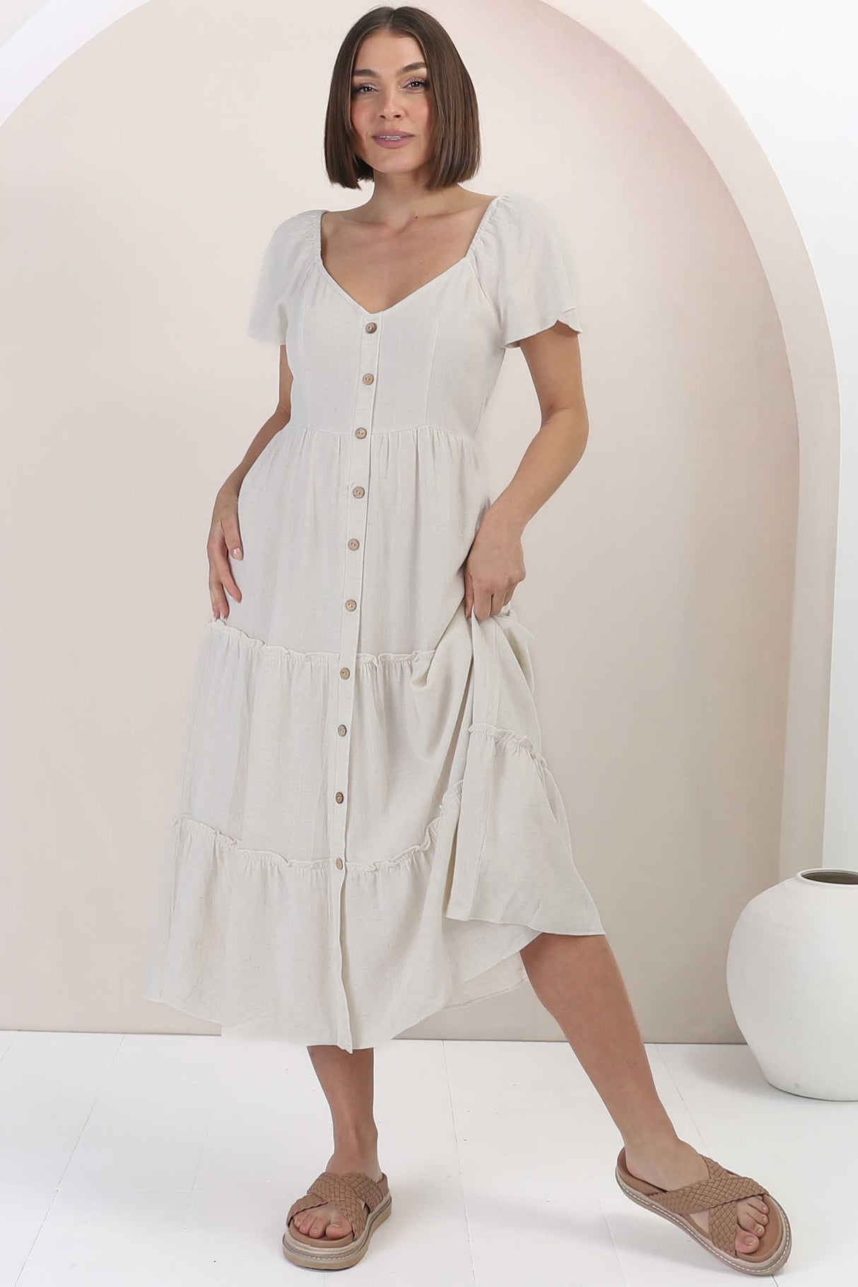 Karina Midi Dress - Button Down Cap Sleeve Tiered Dress in Cream