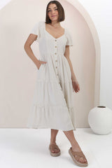 Karina Midi Dress - Button Down Cap Sleeve Tiered Dress in Cream