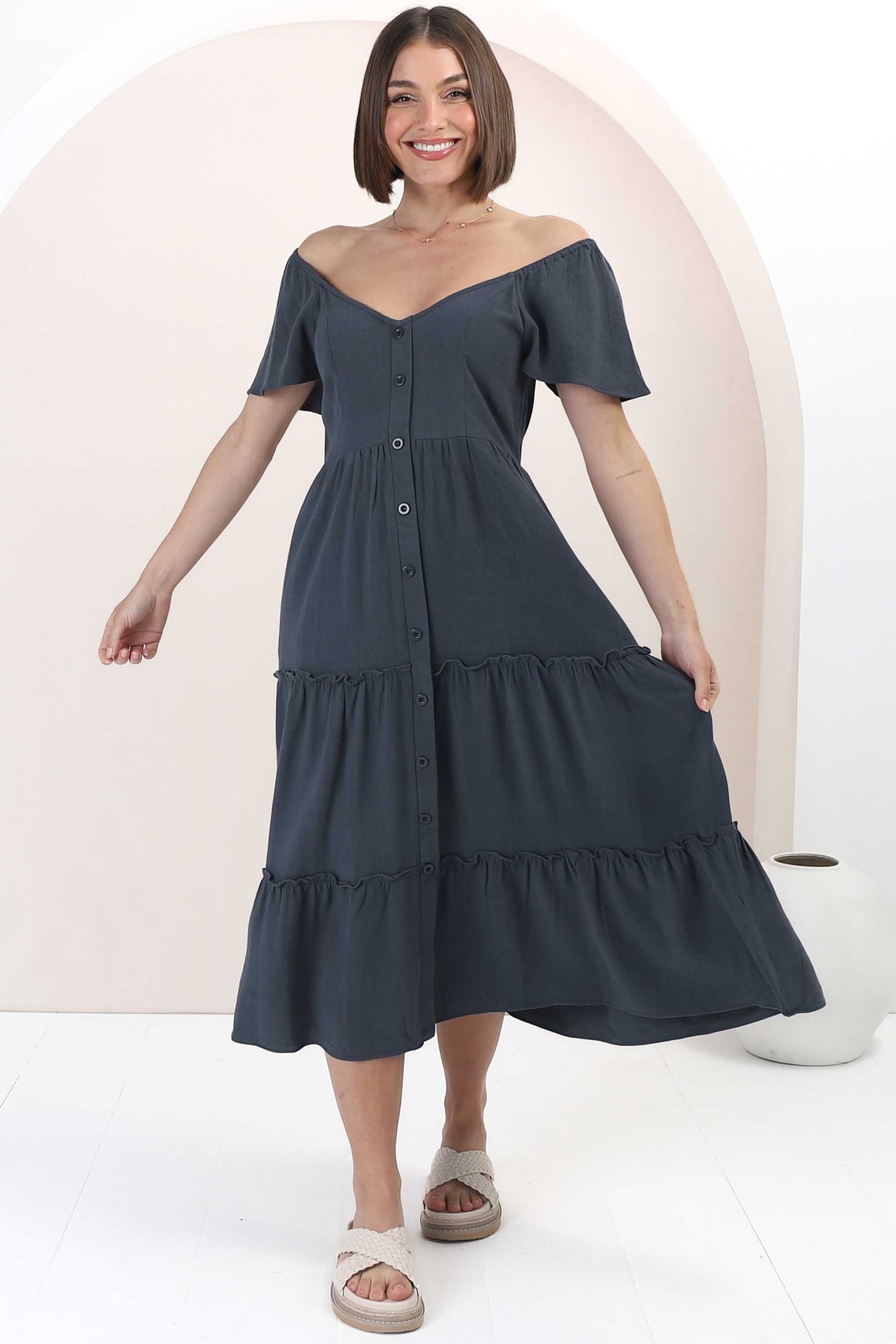 Karina Midi Dress - Button Down Cap Sleeve Tiered Dress in Navy