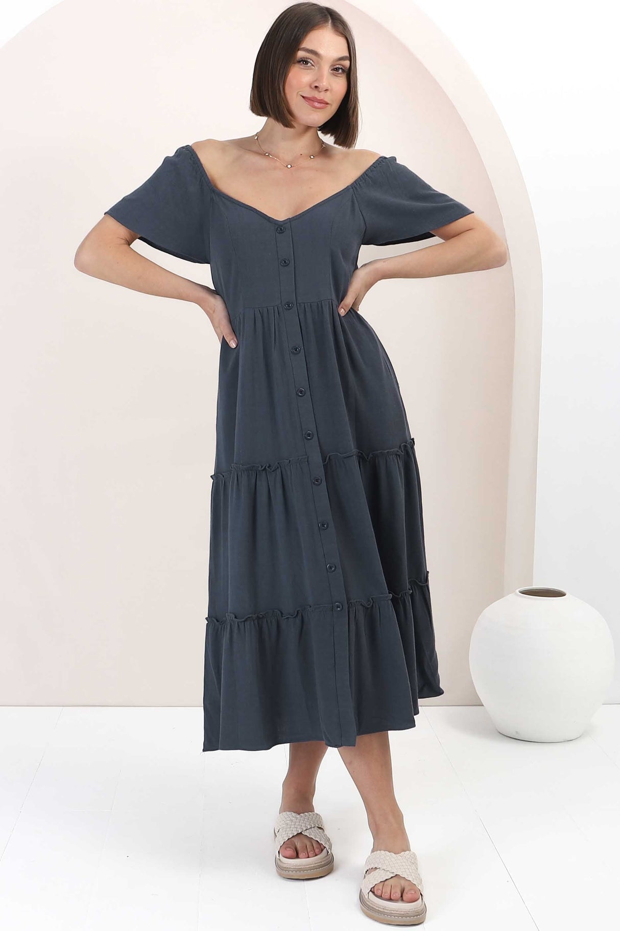 Karina Midi Dress - Button Down Cap Sleeve Tiered Dress in Navy