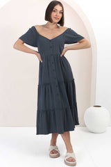 Karina Midi Dress - Button Down Cap Sleeve Tiered Dress in Navy