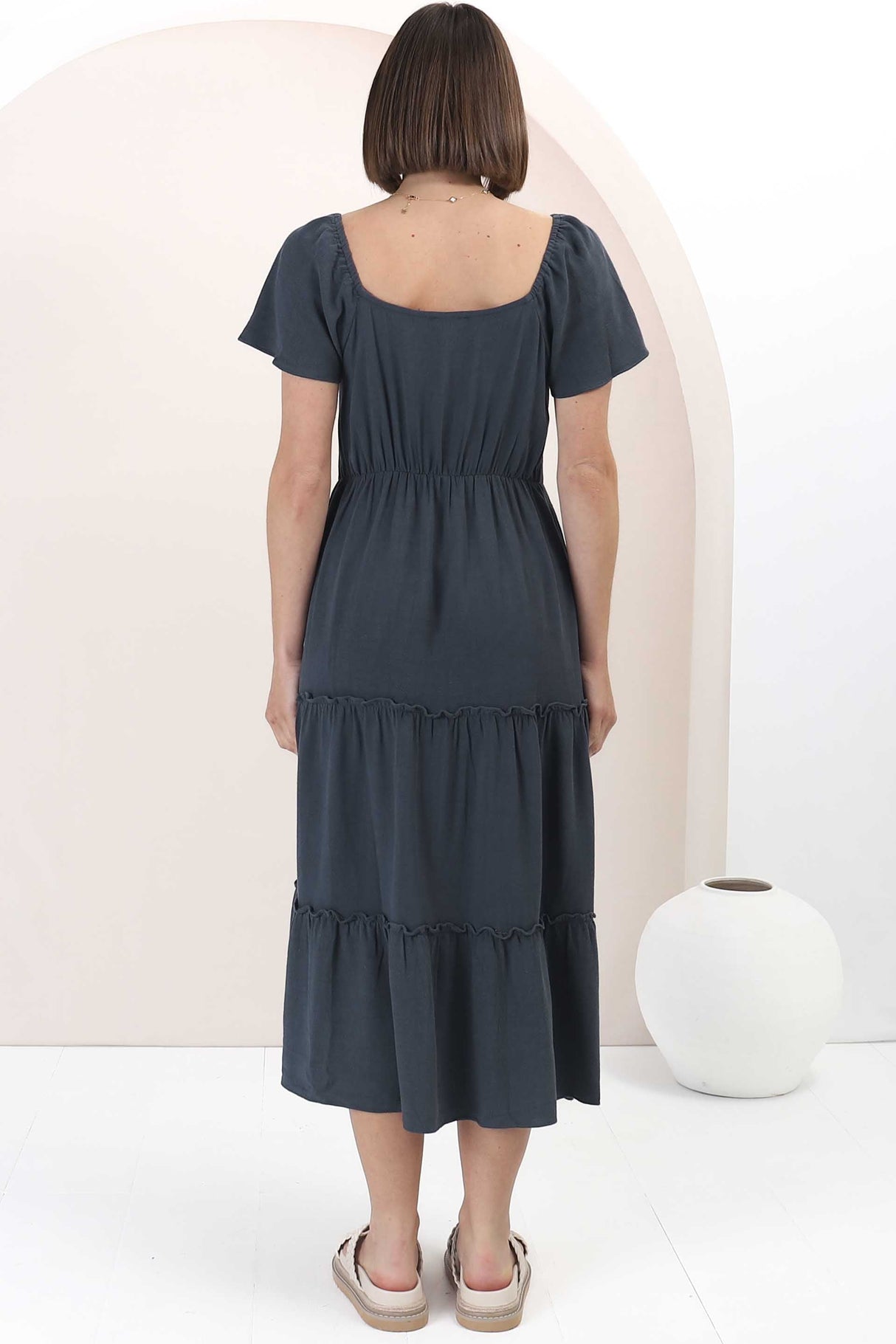 Karina Midi Dress - Button Down Cap Sleeve Tiered Dress in Navy