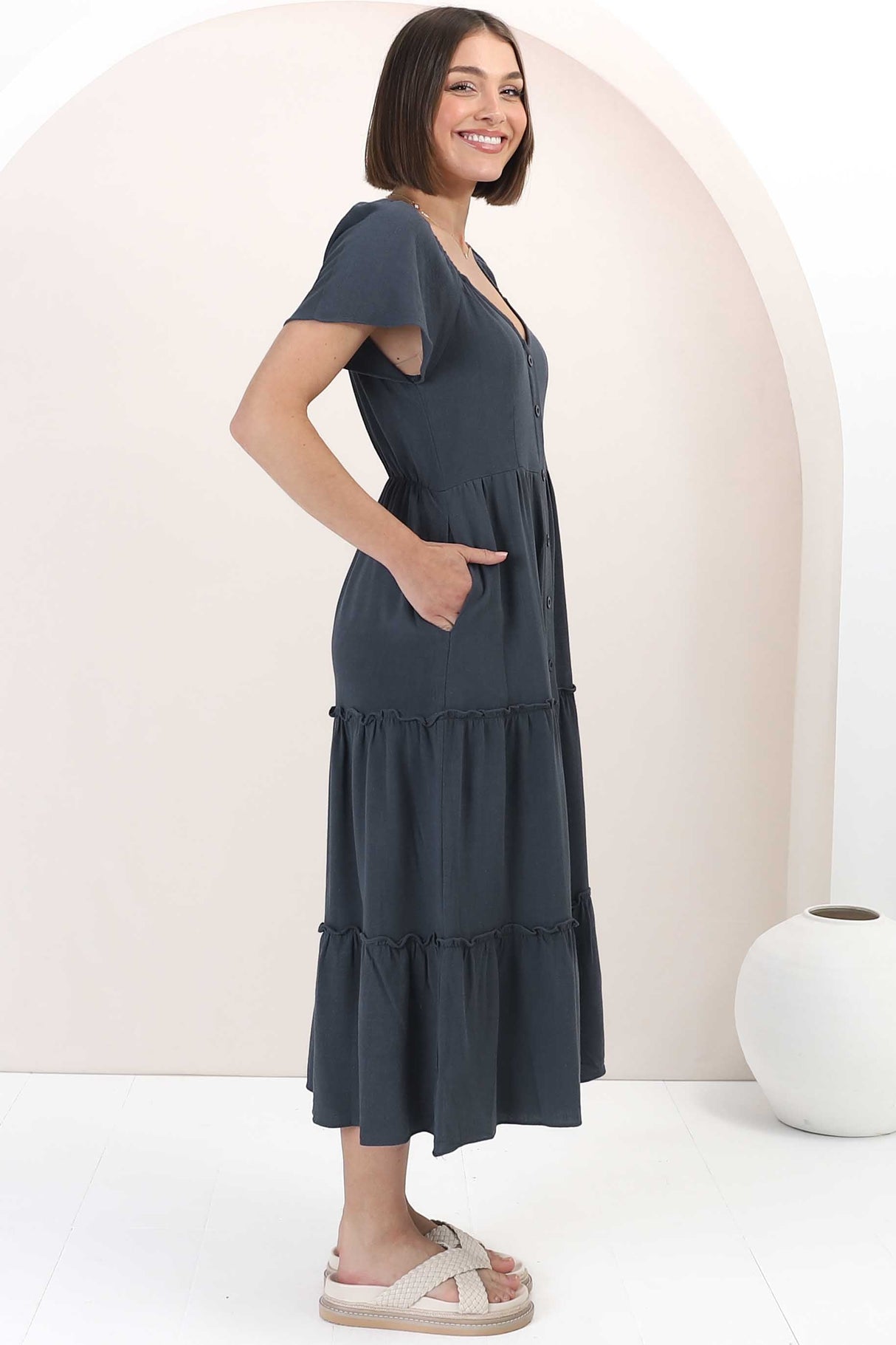 Karina Midi Dress - Button Down Cap Sleeve Tiered Dress in Navy